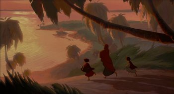 Movie still from “The Prince of Egypt” (1998), directed by Brenda Chapman – A painting of people walking along a beach; Extreme Wide shot, Low angle