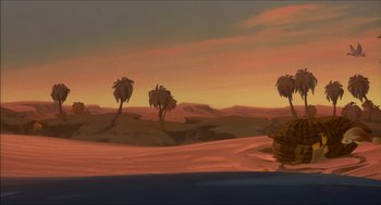 Movie still from “The Prince of Egypt” (1998), directed by Brenda Chapman – An oil painting of a desert with palm trees; Extreme Wide shot, Low angle