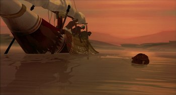 Movie still from “The Prince of Egypt” (1998), directed by Brenda Chapman – An image of an ocean scene with a boat in the water; Extreme Wide shot, Low angle