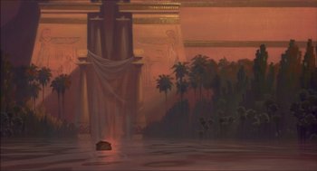 Movie still from “The Prince of Egypt” (1998), directed by Brenda Chapman – A painting of an egyptian temple with a body of water in front of it; Extreme Wide shot, Low angle