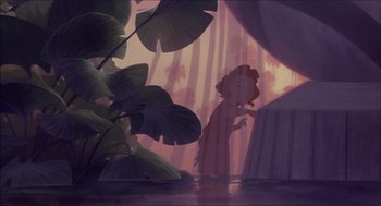 Movie still from “The Prince of Egypt” (1998), directed by Brenda Chapman – A woman standing in front of a window with a plant; Extreme Wide shot, Low angle