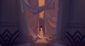 Movie still from “The Prince of Egypt” (1998), directed by Brenda Chapman – An illustration of a stage with curtains draped over it; Extreme Wide shot, Low angle