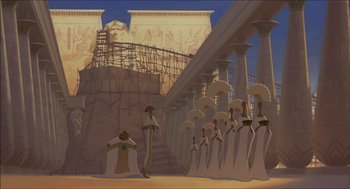 Movie still from “The Prince of Egypt” (1998), directed by Brenda Chapman – An animated scene of people standing in front of a building; Extreme Wide shot, Low angle