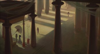 Movie still from “The Prince of Egypt” (1998), directed by Brenda Chapman – A man riding a bike through a tunnel of pillars; Extreme Wide shot, High angle