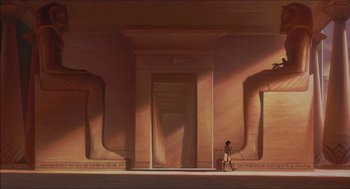 Movie still from “The Prince of Egypt” (1998), directed by Brenda Chapman – A man walking in front of an entrance to an egyptian temple; Extreme Wide shot, Low angle