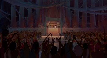 Movie still from “The Prince of Egypt” (1998), directed by Brenda Chapman – A crowd of people standing in front of a stage; Extreme Wide shot, High angle