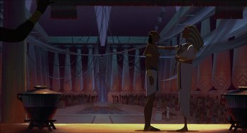 Movie still from “The Prince of Egypt” (1998), directed by Brenda Chapman – An animated scene of two people in egyptian garb in front of an audience; Extreme Wide shot, Low angle