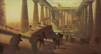 Movie still from “The Prince of Egypt” (1998), directed by Brenda Chapman – An artistic rendering of people walking through a desert; Extreme Wide shot, High angle