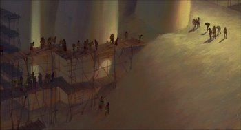 Movie still from “The Prince of Egypt” (1998), directed by Brenda Chapman – A group of people standing on top of a wooden structure; Extreme Wide shot, Low angle