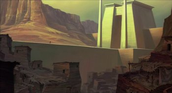 Movie still from “The Prince of Egypt” (1998), directed by Brenda Chapman – A painting of a desert landscape with mountains in the background; Extreme Wide shot, Low angle