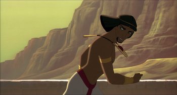 Movie still from “The Prince of Egypt” (1998), directed by Brenda Chapman – An animated picture of a man with a hat on; Medium shot, Low angle