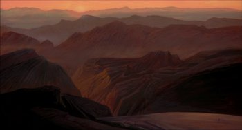 Movie still from “The Prince of Egypt” (1998), directed by Brenda Chapman – An oil painting of a mountain range at sunset; Extreme Wide shot, High angle