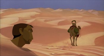 Movie still from “The Prince of Egypt” (1998), directed by Brenda Chapman – A man and a camel in the middle of the desert; Extreme Wide shot, Over the shoulder angle