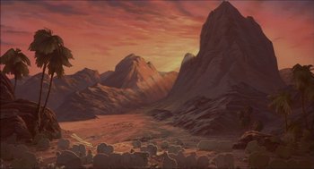 Movie still from “The Prince of Egypt” (1998), directed by Brenda Chapman – An oil painting of a herd of sheep in the mountains; Extreme Wide shot, Low angle