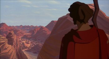 Movie still from “The Prince of Egypt” (1998), directed by Brenda Chapman – An animated scene of a person looking out over a mountain range; Extreme Wide shot, Over the shoulder angle