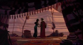 Movie still from “The Prince of Egypt” (1998), directed by Brenda Chapman – A couple of people standing next to each other in a room; Wide shot, Over the shoulder angle