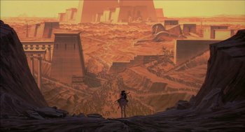 Movie still from “The Prince of Egypt” (1998), directed by Brenda Chapman – An image of a woman standing in front of a desert landscape; Extreme Wide shot, High angle