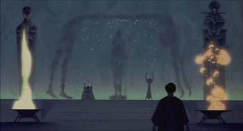 Movie still from “The Prince of Egypt” (1998), directed by Brenda Chapman – A scene with a man and a woman in front of a stage; Extreme Wide shot, Low angle