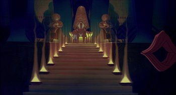 Movie still from “The Prince of Egypt” (1998), directed by Brenda Chapman – An artistic rendering of an egyptian temple with stairs leading up to it; Extreme Wide shot, High angle