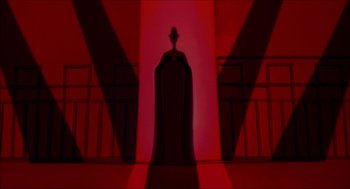 Movie still from “The Prince of Egypt” (1998), directed by Brenda Chapman – A red room with a statue in the middle of the room; Extreme Wide shot, Low angle