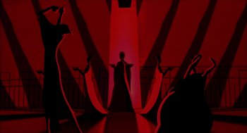 Movie still from “The Prince of Egypt” (1998), directed by Brenda Chapman – A person standing in front of a red light; Extreme Wide shot, Low angle