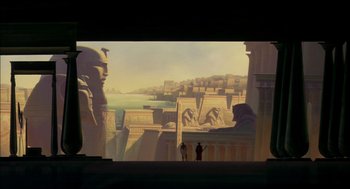 Movie still from “The Prince of Egypt” (1998), directed by Brenda Chapman – Two people are standing in front of an egyptian scene; Extreme Wide shot, High angle