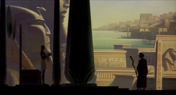 Movie still from “The Prince of Egypt” (1998), directed by Brenda Chapman – An artistic painting of an ancient egyptian scene; Extreme Wide shot, Low angle