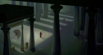 Movie still from “The Prince of Egypt” (1998), directed by Brenda Chapman – An image of a person in a room with pillars; Extreme Wide shot, High angle