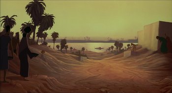 Movie still from “The Prince of Egypt” (1998), directed by Brenda Chapman – An oil painting of a desert with palm trees and a lake; Extreme Wide shot, High angle