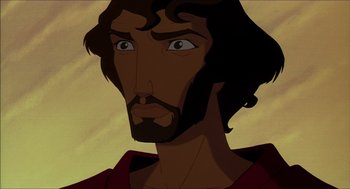 Movie still from “The Prince of Egypt” (1998), directed by Brenda Chapman – An animated picture of a man with long hair and a beard; Close Up shot, High angle