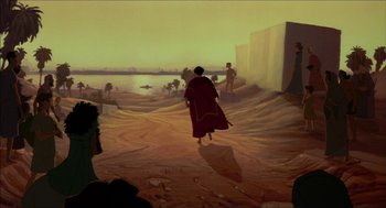 Movie still from “The Prince of Egypt” (1998), directed by Brenda Chapman – A painting of a man walking in the desert; Extreme Wide shot, High angle