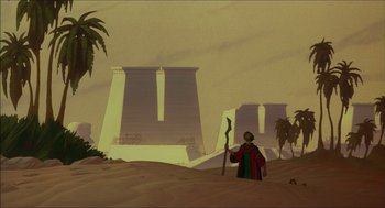 Movie still from “The Prince of Egypt” (1998), directed by Brenda Chapman – An animated scene of a man holding a spear; Extreme Wide shot, Low angle