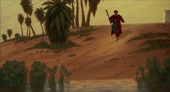 Movie still from “The Prince of Egypt” (1998), directed by Brenda Chapman – A painting of a man walking on a dirt road; Extreme Wide shot, Low angle