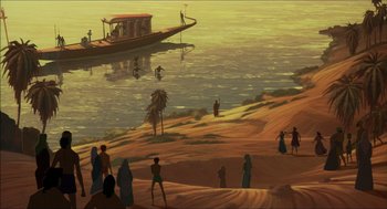 Movie still from “The Prince of Egypt” (1998), directed by Brenda Chapman – An illustration of people standing on a beach near a boat; Extreme Wide shot, High angle