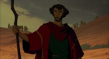 Movie still from “The Prince of Egypt” (1998), directed by Brenda Chapman – An animated picture of a man in a red robe; Close Up shot, Low angle