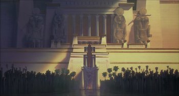 Movie still from “The Prince of Egypt” (1998), directed by Brenda Chapman – An image of an egyptian scene with a man on a pedestal; Extreme Wide shot, Low angle