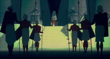 Movie still from “The Prince of Egypt” (1998), directed by Brenda Chapman – A group of men standing in front of a staircase; Extreme Wide shot, Low angle