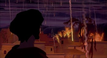 Movie still from “The Prince of Egypt” (1998), directed by Brenda Chapman – A man looking out over a city at night; Extreme Wide shot, Low angle