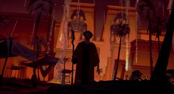 Movie still from “The Prince of Egypt” (1998), directed by Brenda Chapman – An image of an animated scene with a man in a robe; Extreme Wide shot, Low angle
