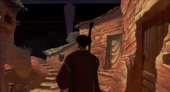 Movie still from “The Prince of Egypt” (1998), directed by Brenda Chapman – A man is walking down the street at night; Wide shot, High angle