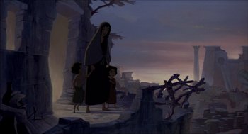 Movie still from “The Prince of Egypt” (1998), directed by Brenda Chapman – An image of a woman and two children standing on a cliff; Wide shot, Low angle