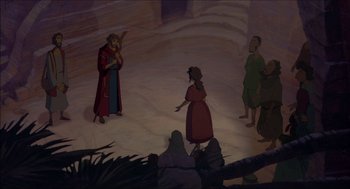 Movie still from “The Prince of Egypt” (1998), directed by Brenda Chapman – A group of people standing in the middle of a field; Wide shot, High angle