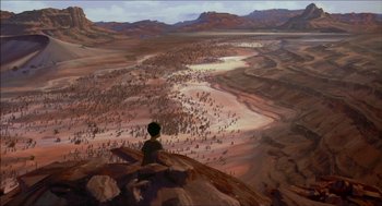 Movie still from “The Prince of Egypt” (1998), directed by Brenda Chapman – A person sitting on top of a hill looking at a large crowd of people; Extreme Wide shot, High angle