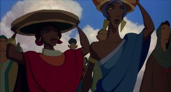 Movie still from “The Prince of Egypt” (1998), directed by Brenda Chapman – A group of people standing next to each other; Medium shot, Low angle
