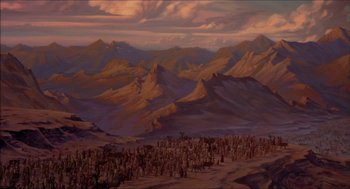 Movie still from “The Prince of Egypt” (1998), directed by Brenda Chapman – An oil painting of a desert with mountains in the background; Extreme Wide shot, High angle