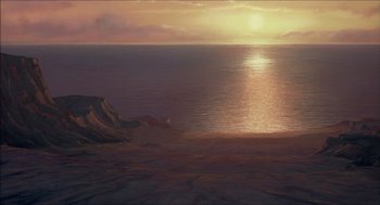 Movie still from “The Prince of Egypt” (1998), directed by Brenda Chapman – The sun is setting over the ocean with a sandy beach in the foreground; Extreme Wide shot, High angle