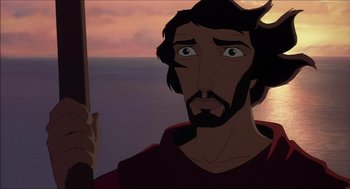 Movie still from “The Prince of Egypt” (1998), directed by Brenda Chapman – A man with long hair and a beard is looking at the camera; Close Up shot, Over the shoulder angle