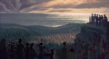 Movie still from “The Prince of Egypt” (1998), directed by Brenda Chapman – A crowd of people standing on top of a hill; Extreme Wide shot, High angle