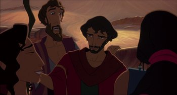 Movie still from “The Prince of Egypt” (1998), directed by Brenda Chapman – Two animated men standing next to each other in a field; Close Up shot, High angle