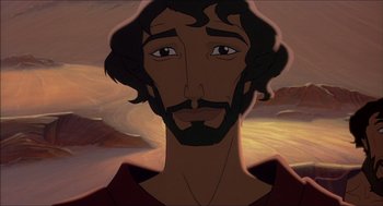Movie still from “The Prince of Egypt” (1998), directed by Brenda Chapman – An animated picture of a man with long hair; Close Up shot, Overhead angle